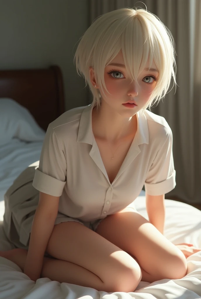 Albino, pretty girl, one girl , full body shot, detailed skin, ultra-detailed, (legs up), slim body) , large earring, thighs, (beautiful short hair),, fine collarbone, soft navel, soft midriff, soft back, angle from behind, sweaty, beautiful breasts, blush...