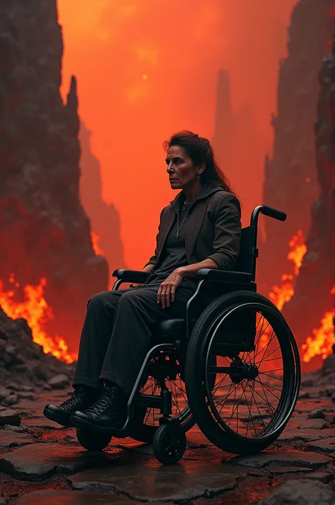 Leg-disabled woman in a wheelchair in hell 