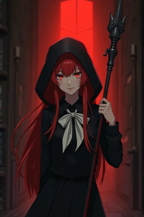  A girl of approximately 20 years old , long red hair,  orange-red eyes and a black hooded blouse and a white scarf in the shape of a bow tie around her neck.  She is in a dark and musty room with a monochrome red light .  She is carrying a spear with a re...