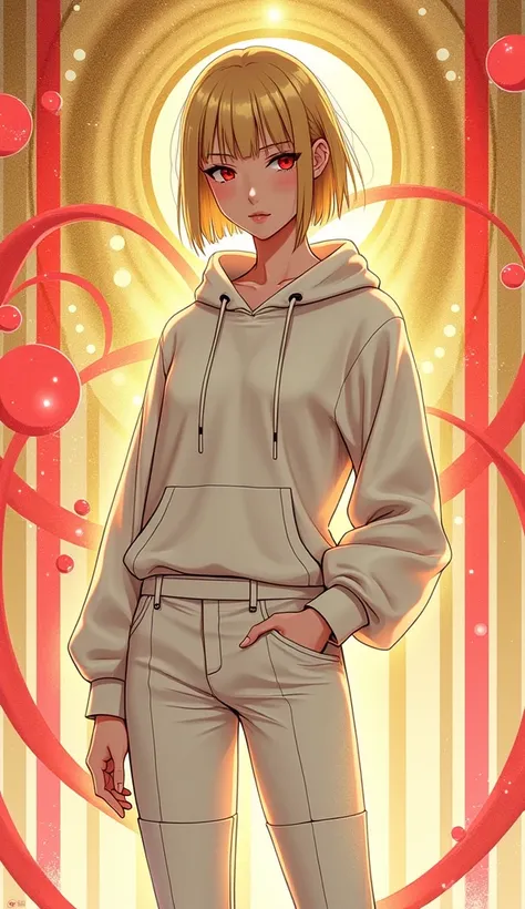  Anime 2d art .in profile, Red eyes, straight golden hair bob haircut , white hoodie ,white trousers, white thigh high boots , golden transparent portal circles in the air like circles on water ,vertical red rays , red magic lines drawn in the air intersec...