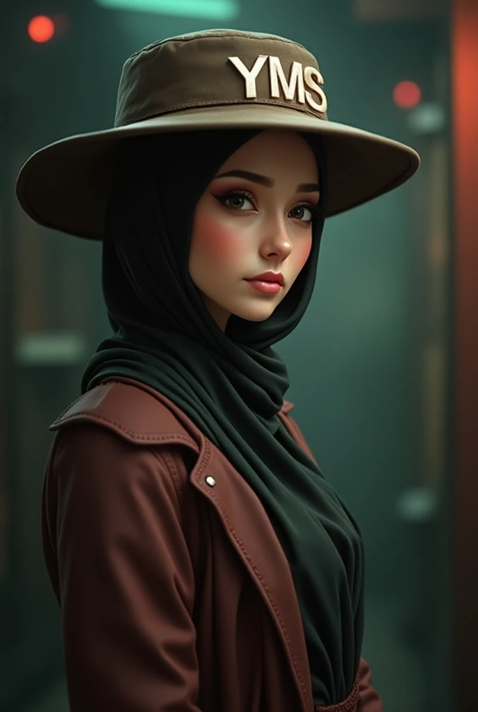 Make me a 3D photo of a middle-aged woman whose face is beautiful her nose is like a guava ,  height 155cm her breasts are large using a hijab and wearing a hat with the YMS logo in front of her toooi