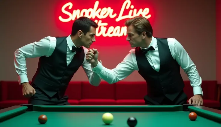 (photorealism:1.2) 2 x superhero men box eachother, one very short black hair, one with receding brown hair , wearing waistcoats, white shirts, bow ties, neon sign SnookerLIveStreams, in front of large billiard table