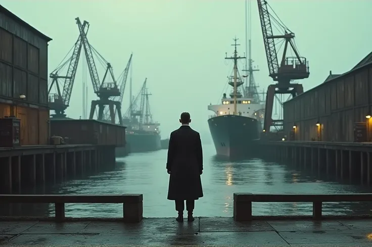 A man waiting a ship in dockyard, dockyard since 1945, image like a 1945, cinematic landscape, 4k restoration, blackish style,