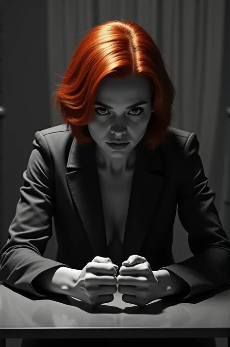  Create a girl with short red hair in a black and white HQ style, There will be several images of her being interrogated 