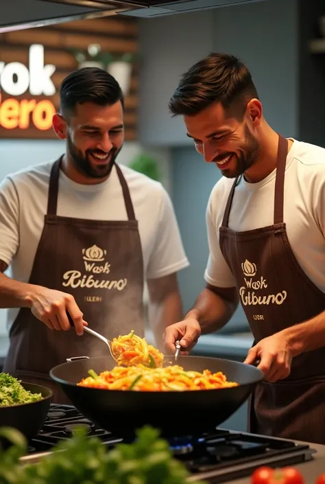 Leonel Messi and Cristiano Ronaldo cooking rice with vegetables in a wok in a kitchen and that there is a sign with the word wok illero that they have aprons with the name of wok illero