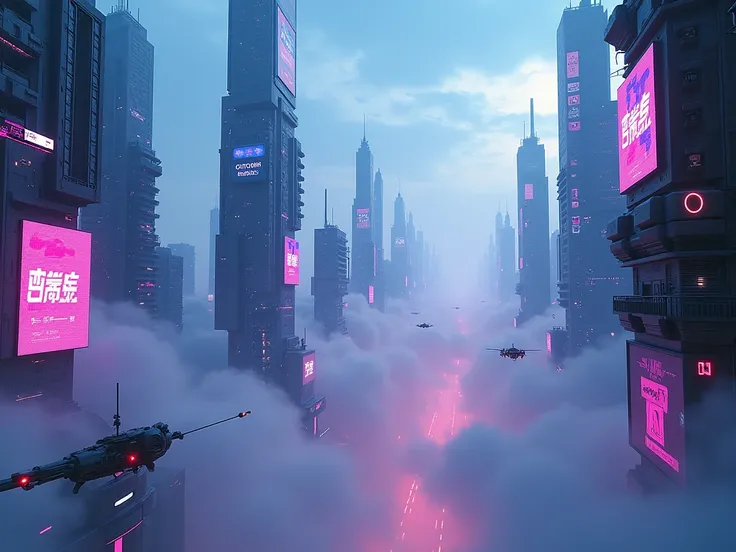 A sleek, sci-fi city with towering skyscrapers illuminated by holographic billboards. Drones and flying vehicles move through neon-lit clouds, with a cyberpunk color palette of blues, pinks, and purples that bring a futuristic world to life.