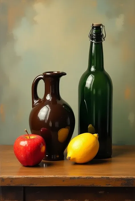 An unusual and bright picturesque Still life with a dark brown jug and a dark green bottle next to it and a lemon and a red apple
On the table 