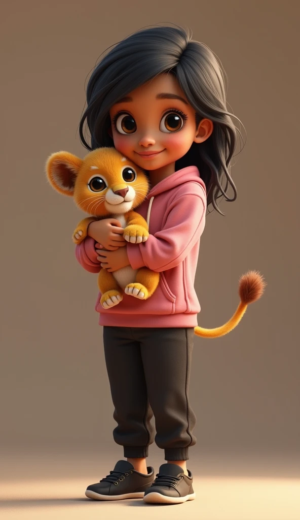 A hyper-realistic image of a young Latin girl, around , with black hair and tan skin. She is wearing a pink sweatshirt, black pants, and black shoes. She is holding an incredibly tiny, adorable baby lion with large, expressive eyes that highlight its cuten...