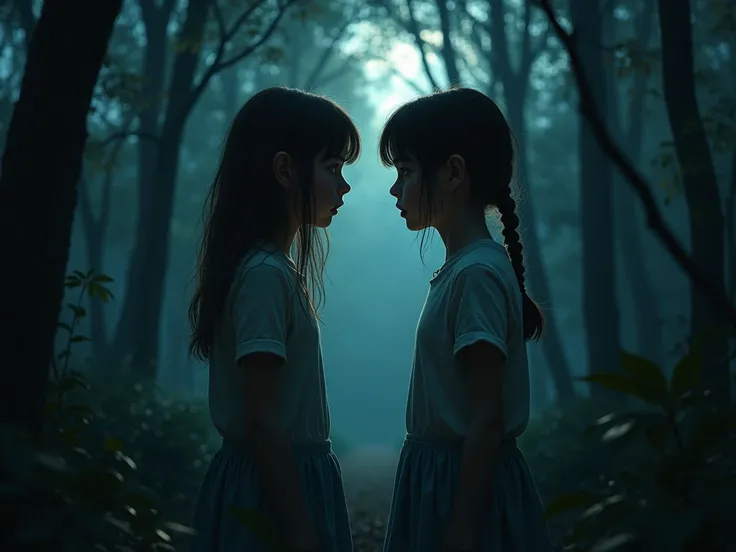 Two girls looking at each other with a terrified look in a dark forest