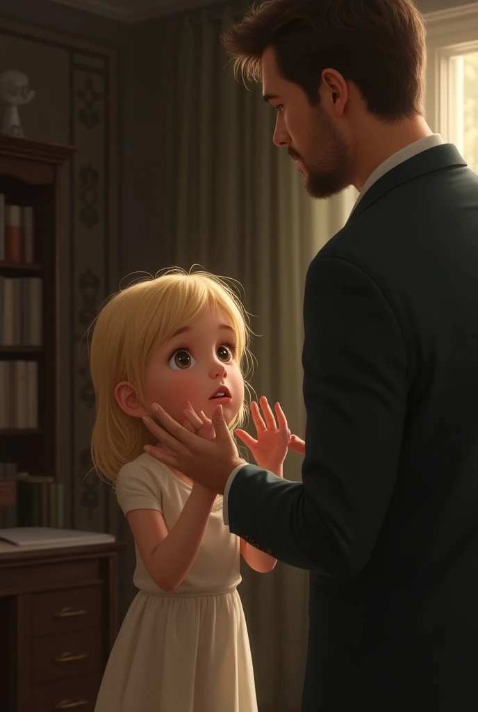 A blond daughter begging her father for attention 