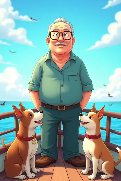 Funny cartoon of a tall elderly Japanese man standing with glasses on a fishing boat saying “to jhow” to his dogs and a pinsher in the back 