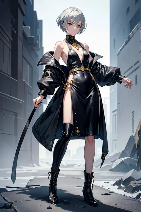 ・Full-body illustration
・A woman with short silver hair, golden eyes, and a piercing gaze
・Long leather national dress with silver decorations
・Long black boots
・A small amulet is worn around the neck, and one fist is held out in front.
・The background is ...