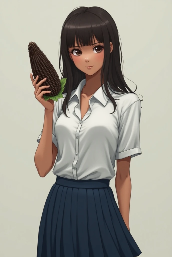 Female student holding crazy corn dark brown hair brunette white shirt and blue pleated skirt in uniform  tall brown skin