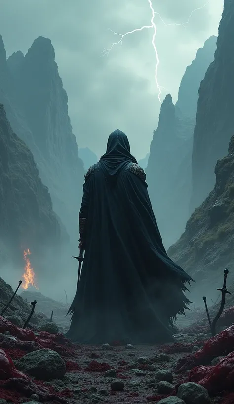 a man standing holding a sword in both hands,black helmet obscuring his face,black cloak hiding his body,mountains in the background,lightning in the sky,(best quality,8k,highres,masterpiece:1.2),ultra-detailed,(realistic,photorealistic,photo-realistic:1.3...