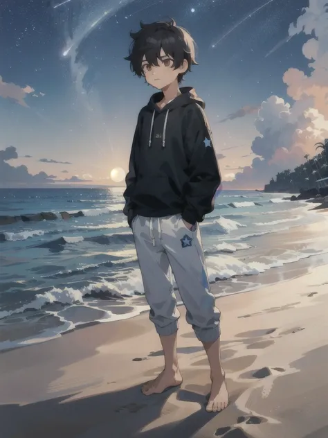  Male Focus ,  highres icon,night, lua, beach, landscape, lua, sand, Star (sky),
1 boy, Alone, standing, olhando a lua na beach, sweatshirt and pants , barefoot,  straight and short black hair High resolution,  stars in the sky  