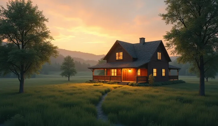  A house seen from the outside with cozy lights on at dawn,  surrounded by a green field and trees , under a clear and calm sky .  A sense of warmth and protection emanates from the image .