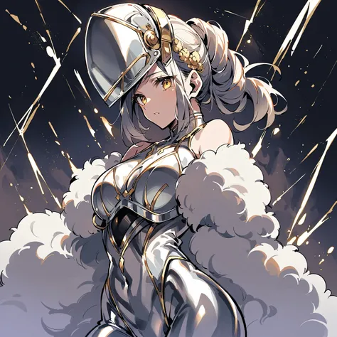  silver metallic bodysuit、Women in their thirties、Oriental hairstyle 、Golden Eyes、tall slimming 、white boa coat with black lining、silver welding mask 、solo、