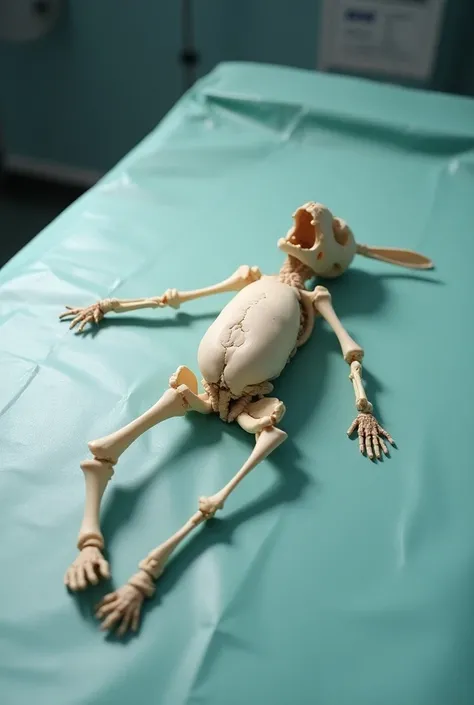 Create an image of a rabbit bone lying on his back on the operating table, tied up with his limbs wide to reveal his belly Look from the top 
