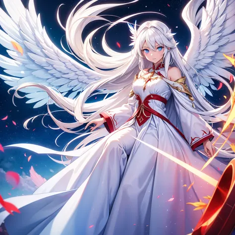  Girl with long white hair ,one blue eye and the other red,4 large wings ,Angelic clothes in the skies and an Angelic aura With an Angelic light and a great golden aura behind it