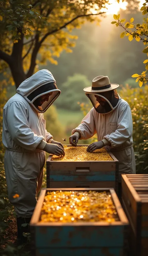  creates a realistic image of a highly experienced professional beekeeper teaching beekeeping to a novice beekeeper,  the class takes place inside an apiary with many hives , realistic and cinematic style 