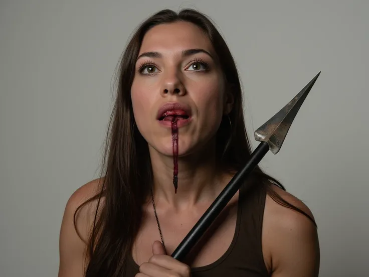 portrait photo, beautiful female warrior, her head thrown back, she has large manly adams apple, the spear sticks out of her throat, throat stabbed with spear
