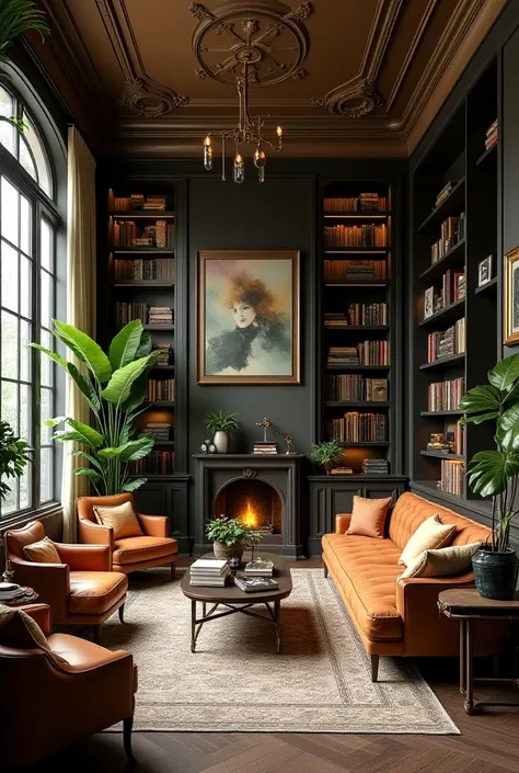  A living room with eclectic decor, that rewards classic style but adds touches of art nouveau and industrial. With bookcases ,  plants and artwork .