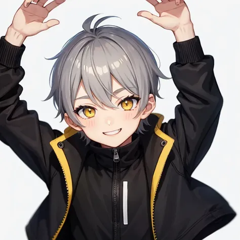 1 boy, alone, (Emote Twitch: 1), Chibi, dark gray hair color, yellow elongated eyes, smile, upper body, manga, white background, front view