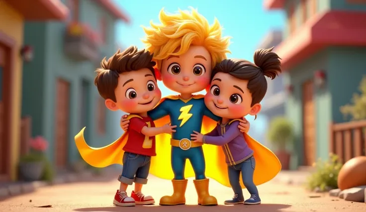 Spark  is only , but he’s always ready to help others with a big smile and his amazing powers." "Spark has bright, curly hair that looks like it’s glowing—just like his personality! He wears a super cool, electric-blue hero outfit with lightning bolt patte...