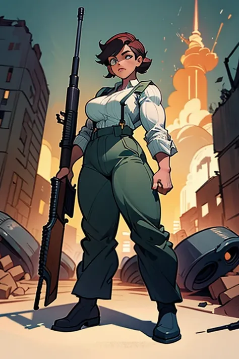 An adult woman, tall and with a ((large physique)), a ((bodybuilder)), is wearing pants and a blouse with the sleeve rolled up to her shoulder. She is wearing suspenders and boots. In her hand, she holds a shotgun. Posing in an attacking stance, in a setti...