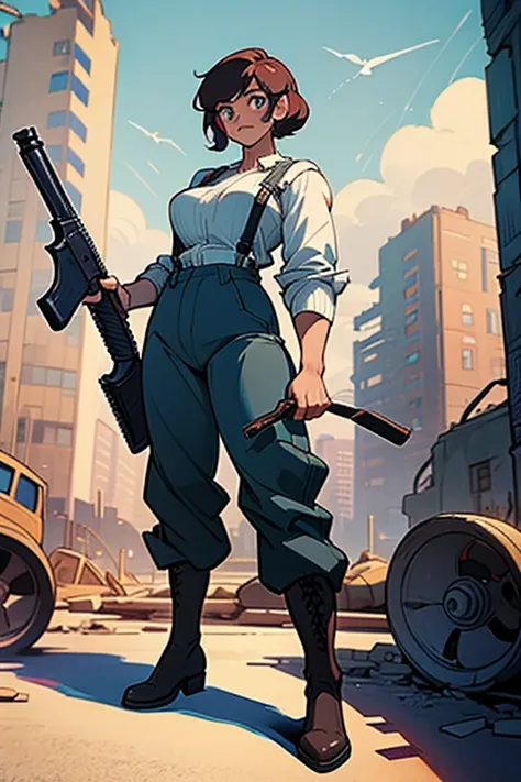 An adult woman, tall and with a ((large physique)), a ((bodybuilder)), is wearing pants and a blouse with the sleeve rolled up to her shoulder. She is wearing suspenders and boots. In her hand, she holds a shotgun. Posing in an attacking stance, in a setti...