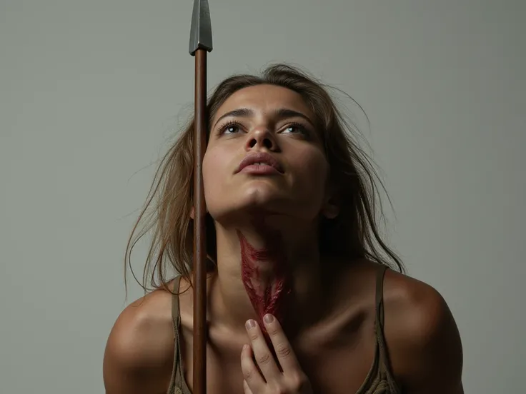 portrait photo, beautiful female warrior, her head thrown back, she has large manly adams apple, the spear sticks out of her throat, throat stabbed with spear
