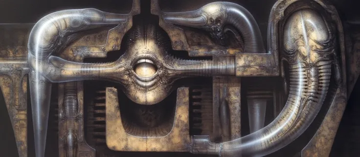 H. R. Gigers g1g3r, , Giger_style,  , The image is a detailed view of H.R. Gigers " Li II  " plate, featuring HRGGR, H.R. GIGER.  g1g3r 3t3rn1ty,alien creature, dark alien architecture machine (best quality:1.4). Gigers biomechanical tableau features a clo...