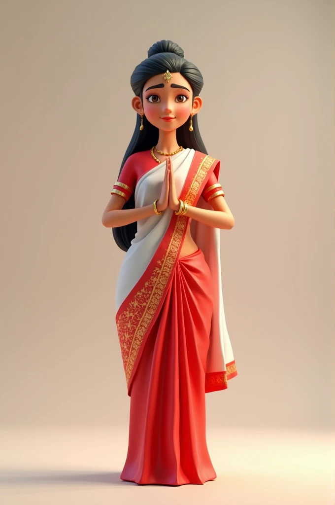 a hindu women namaskar postion standing on floor with red white  saree 3d animated image