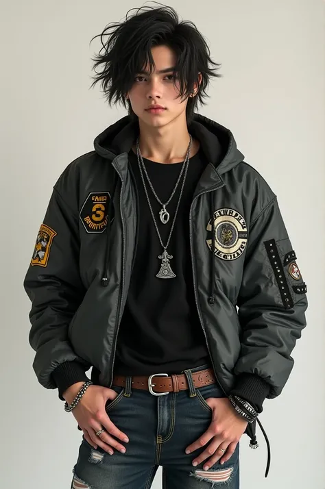  A young man dressed in an alternative outfit inspired by the 2000s .  She wears a black t-shirt with a small snake print in white on one side ,  combined with a dark gray bomber jacket with patches on the arms .  The pants are dark blue denim jeans , stra...