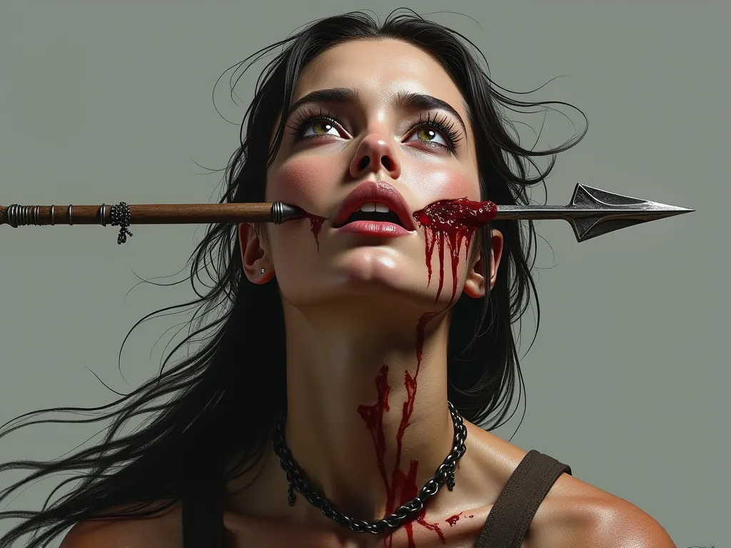 portrait photo, beautiful female warrior, her head thrown back, she has large manly adam's apple, the spear sticks out of her throat, throat stabbed with spear
