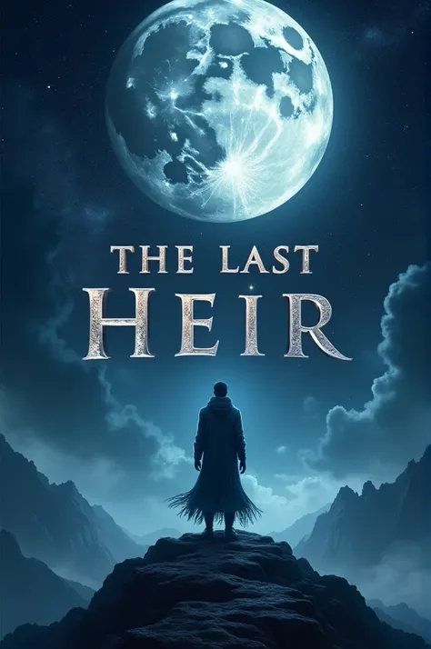  create a book cover with the name  " The Last Heir "  and a heavenly setting ,  Here is a detailed description :

Title: " The Last Heir "

image:  A starry sky with a bright full Moon in the center . In the foreground, a solitary figure (the heir )  is s...