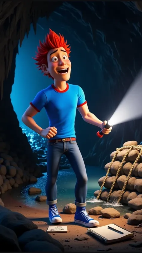 a lush 3d render of a lush 3d render of Aryan, a cheerful, adventurous young man with spiky red hair, wearing a bright blue T-shirt with red trim, stylish red jeans, and blue sneakers, standing inside a dimly lit cave, shining his flashlight on a makeshift...