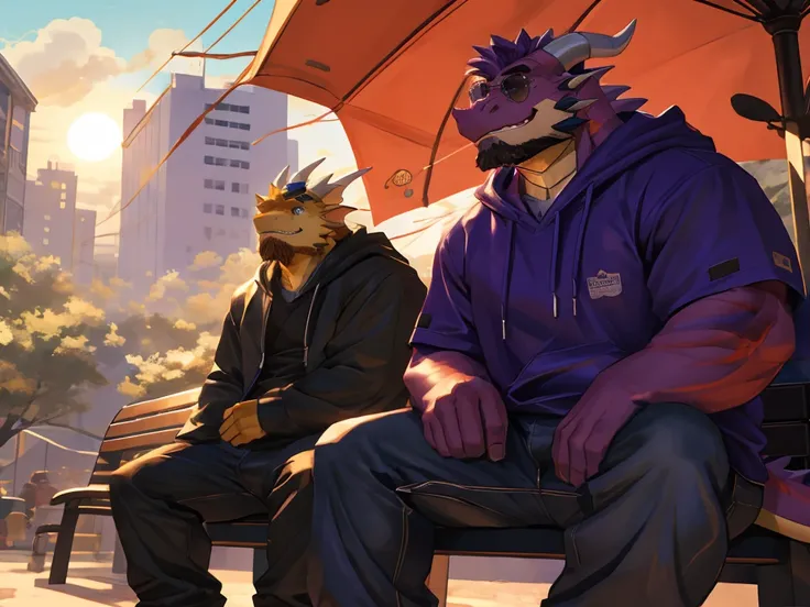 (masterpiece)，Very detailed，(best quality)，hairy，dragon，male，dragon scale，blue eyes，purple hair，yellow fur，Hairy tail，sitting on bench，(Expression of chill)，Be honest and trustworthy，Handsome，8k，(high quality), baggy jeans, cargo jeans, purple hoodie, pirc...