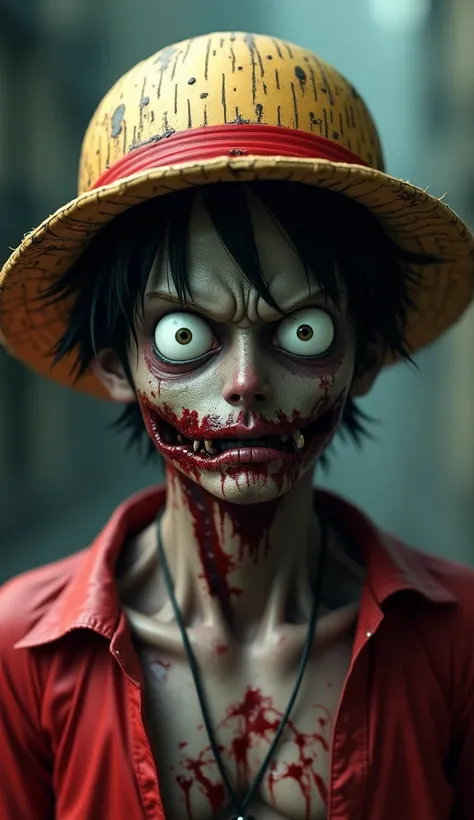 Create a realistic image of Luffy as if it were a zombie, Hes looking at the camera , longe da camera