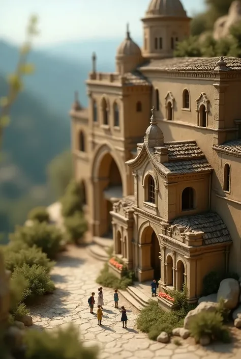 a detailed miniature Matera cathedral diorama, pitoresque scene, intricate realistic vintage scene, stunning photorealistic hyper detailed 4k, beautiful dramatic lighting, soft muted color palette, cinematic composition, photographic quality, ornate vintag...