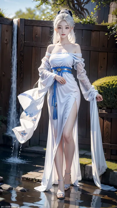 Gu Feng, bare shoulders ,best quality， Masterpiece， very high resolution ，Yellow-white skin , White skin, Pure white hair,（Realism：1.4）， Original photo ，cold light，Women in transparent dresses，Full body image，Blue water anime wallpaper，Gurwitz-style artwor...