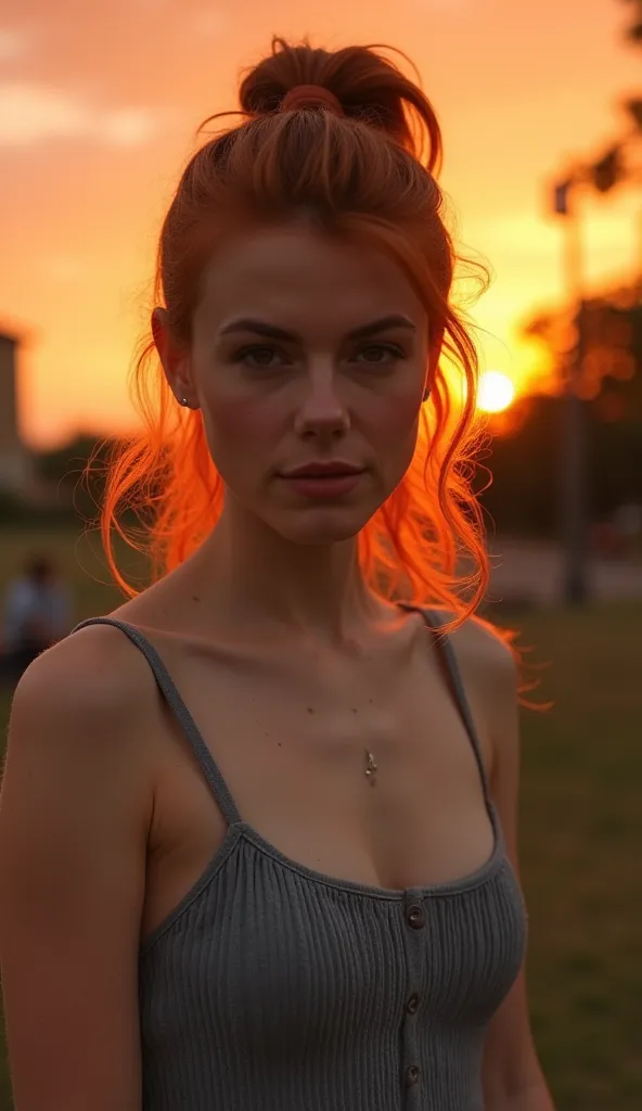 intense sunset, sony a7iii, kodak portra 400, dof 85mm, a beautiful redhead european woman, high ponytail hairstyle, onlyfans ph...