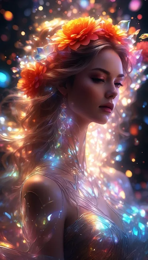 For video creation、Goddess with iridescent and milky shine; Broken glass effect with voluminous light and aura; background of insane depth, molecule texture; Inspired by flower petals and fantastic nature; Breathtaking beauty and pure perfection, unforgett...