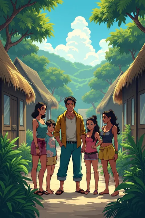 In this anime-style illustration, you see the lush greenery and the harmonious blend of traditional huts and modern structures on the island. Pedro stands confidently with the three women, all dressed in a mix of modern and traditional clothing. The tribal...