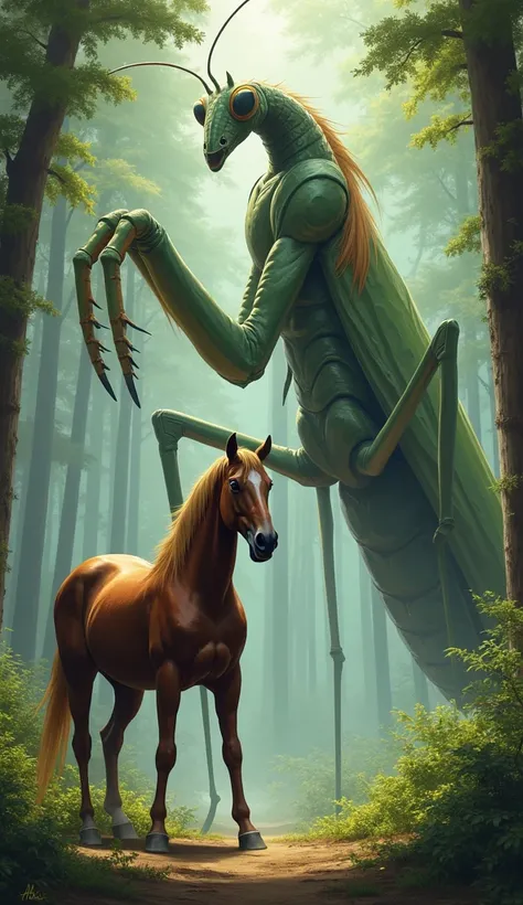 A horse and a large praying mantis together in the photo.