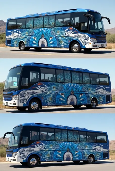 create a vip ac toursit bus in blue and white color texture peacock design pictures drawn in its outer body all angle side video