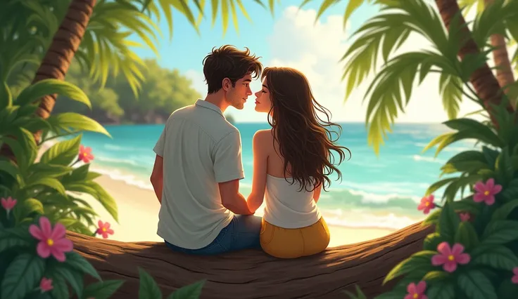 "The couple sitting on a log near the beach, surrounded by soft tropical plants and flowers, while a gentle wind plays with their hair, sharing a quiet, heartfelt conversation."

