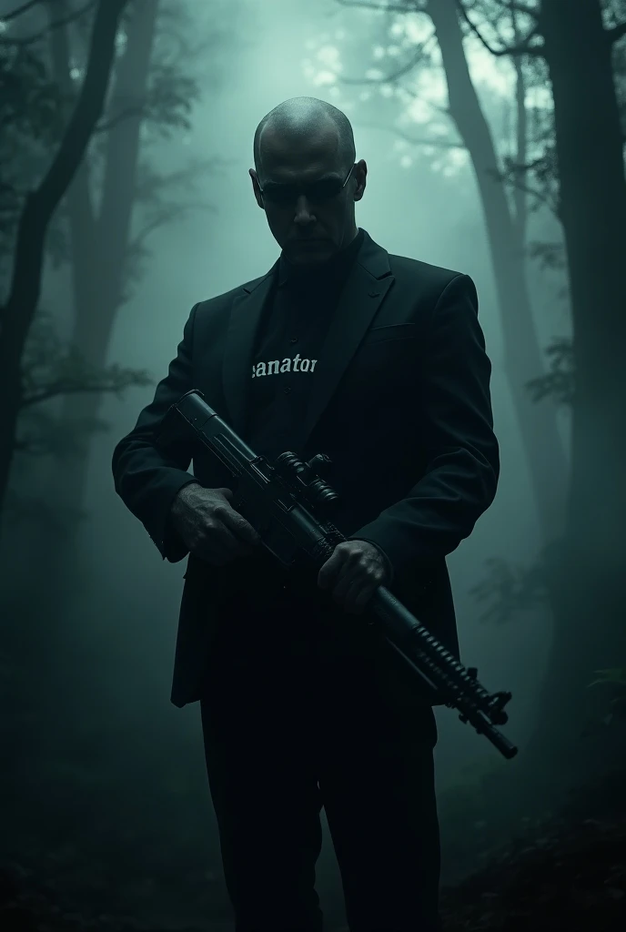 An image of a man with an indistinct face in a misty forest holding a large gun and wearing a black suit with the words "Senator" written on it.