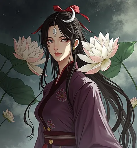  woman ,  grey eyes ,  stormy sky eyes ,  Black hair with white strands, scarlet ribbon in hair ,  white crescent pendant on forehead ,  purple hanfu with embroidered lotuses , purple hanfu ,  lotuses are embroidered on hanfu,  girl dressed in hanfu,  hanf...