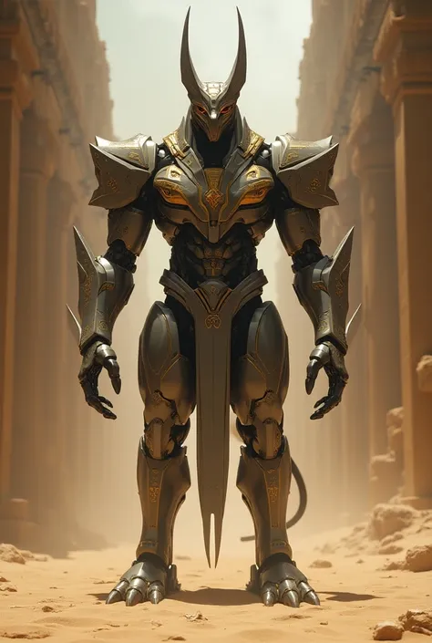 A creature with a futuristic design that represents the country Egypt as if it were a final boss from an RPG game